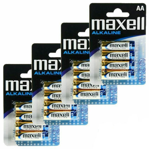 Multiple blister packs of Maxell alkaline AA batteries, with branding and voltage information visible.