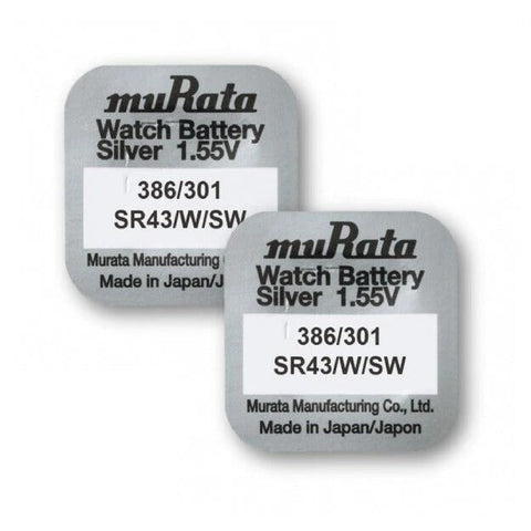 2x Murata SR43 386 301 Silver Oxide 1.55V Watch Batteries