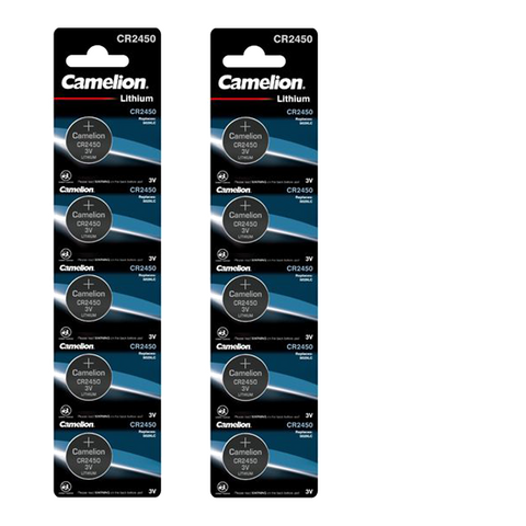 Two packs of Camelion CR2450 lithium coin cell batteries displayed against a white background. Each pack contains five batteries arranged in rows.