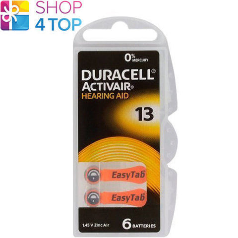 6 Duracell Activair Hearing Aid Batteries Size 13 Zinc Air 1.45V Mercury Free