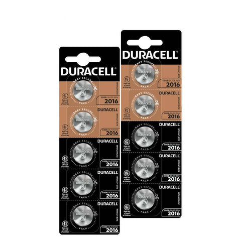Two packs of Duracell Cr2016 lithium batteries, with 5 batteries in each pack, displayed against a white background.
