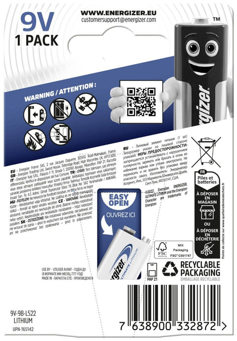 Energizer Ultimate Lithium 9V Battery L522 9B Long Lasting Power