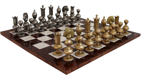 Italfama Luxury Large Brass Chess Set w/ Elm Board, Gold & Silver Pieces
