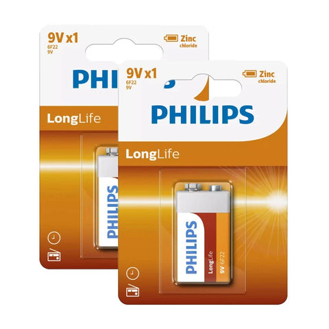 2x Philips LongLife 9V Battery 6F22 Zinc Chloride 1604D Smoke Alarm Remote