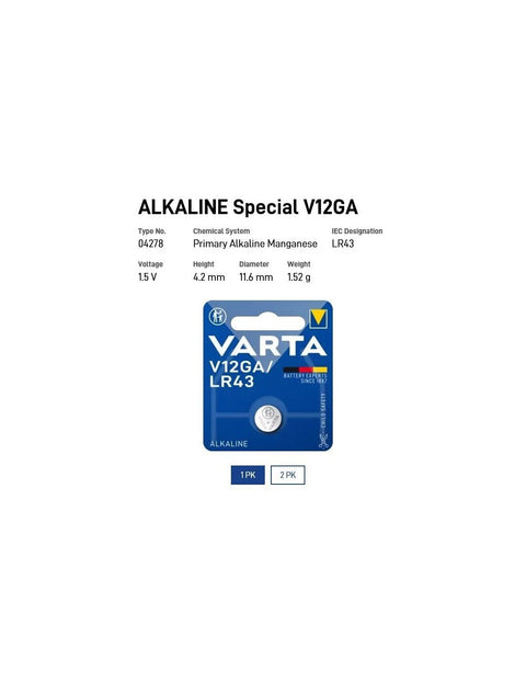 Varta Alkaline Professional Electronics Battery V12Ga Lr43 1.5V NEW
