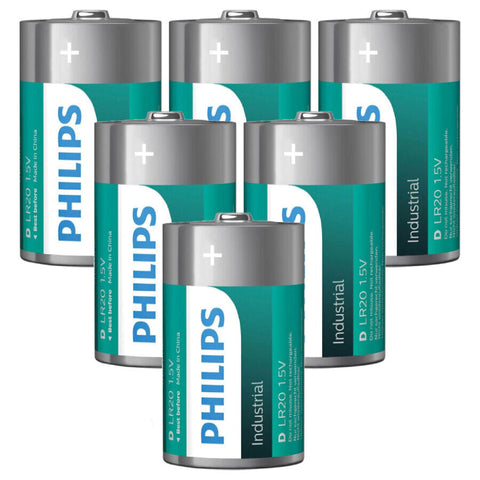 6x Philips Industrial D Alkaline Batteries 1.5V LR20 Mono Bulk Pack