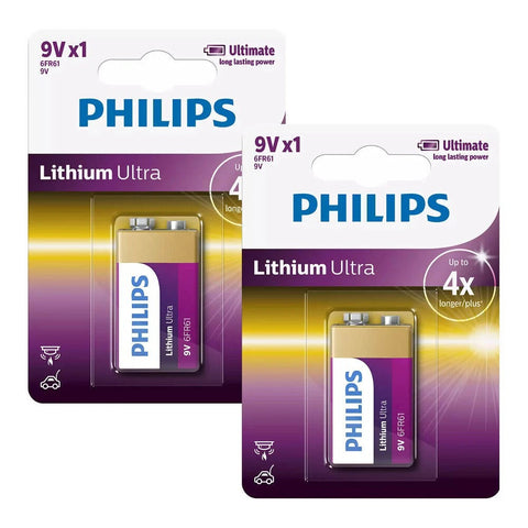 2x Philips Lithium Ultra 9V 6FR61 Batteries Long Lasting Power