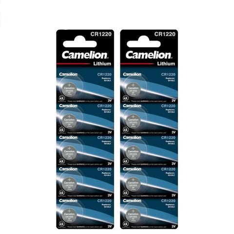 Two blister packs of Camelion CR1220 3V Lithium coin cell batteries, with five batteries in each pack, displayed against a blue product background.
