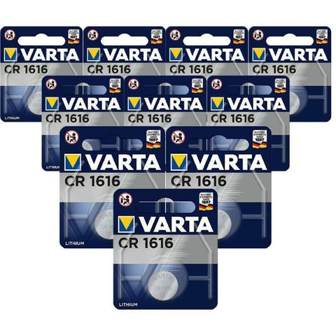 A pack of Varta CR1616 lithium batteries in a blue and white packaging, displaying the battery type and brand logo.