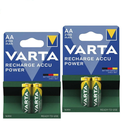 Two Varta Recharge Accu Power AA batteries in a packaging that states '2100 mAh' and '1.2V'.