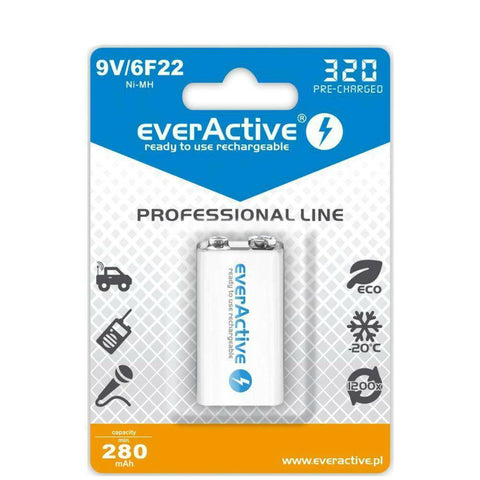 EverActive 9V NiMH Rechargeable Battery 280mAh Pre-Charged Professional
