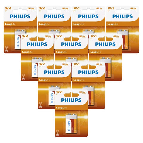 10x Philips LongLife 9V 6F22 Zinc Chloride Batteries for Smoke Alarms