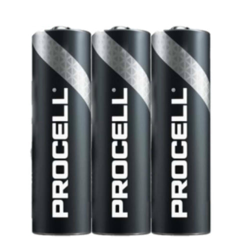Three Duracell Procell AA alkaline batteries aligned horizontally with the brand name visible on the front.