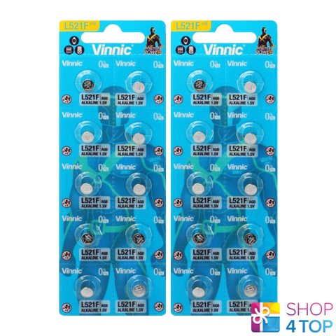 20x Vinnic L521 AG0 SR521W 384 1.5V Alkaline Watch Batteries
