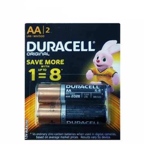 Pack of two Duracell Original alkaline AA batteries with a rabbit logo and the text 'Save more with 1=8', indicating a promotion on battery efficiency.