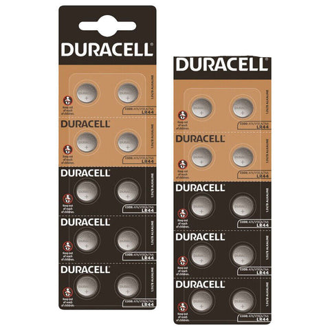 Pack of Duracell alkaline batteries, model LR44, with multiple batteries displayed in a blister pack.
