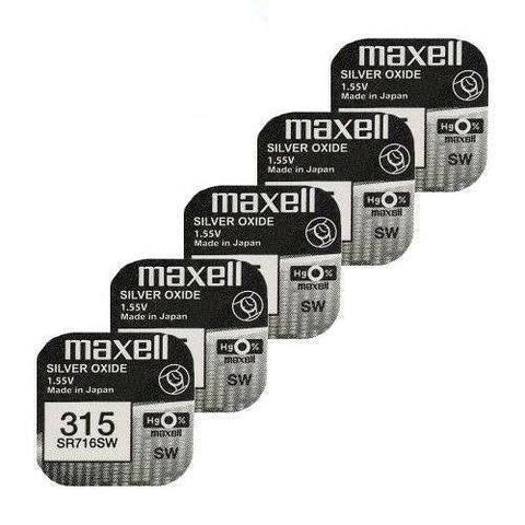 Five Maxell silver oxide batteries, model 315, displayed in a row with branding and model details visible.