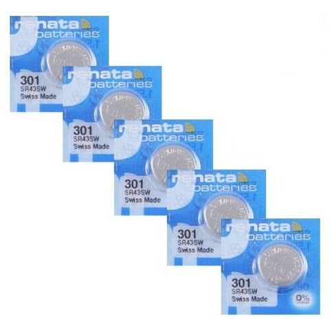 5x Renata 301 SR43SW Silver Oxide 1.55V Watch Batteries Coin Cell