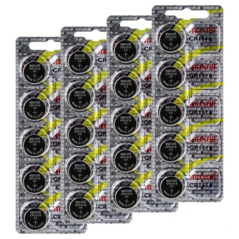 Multiple packs of Maxell Cr1616 lithium batteries, with branding and product information displayed.
