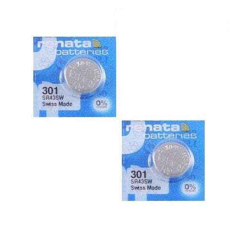 Two Renata 301 silver oxide coin cell batteries on a blue background, indicating they are Swiss made and have a voltage of 1.55V.