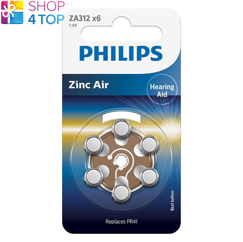 6 Philips Size 312 Pr41 Hearing Aid Batteries Za312B6A 1.4V Zink Air 2024 11