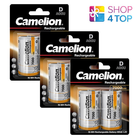 6 Camelion D Rechargeable Batteries Hr20 Nimh Accu 1.2V Ni-Mh 7000Mah 2Bl NEW