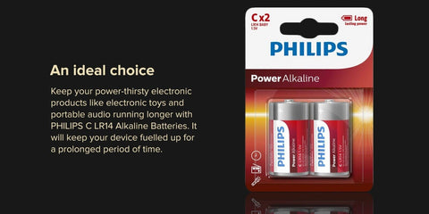 6x Philips Power Alkaline C LR14 1.5V Batteries for Toys & Electronics