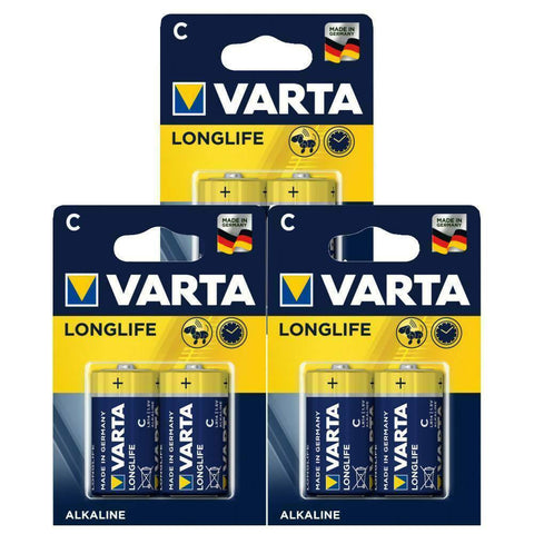 6x Varta Longlife C LR14 1.5V Alkaline Batteries Made in Germany