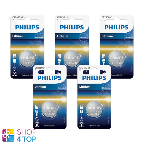 5 Philips Cr2450 Lithium Batteries 3V Cell Coin Button Dl2450 1Bl Exp 2028 NEW