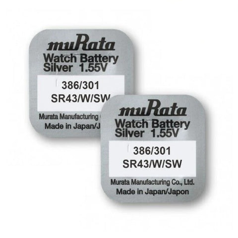 2x Murata SR43 386 301 Silver Oxide 1.55V Watch Batteries
