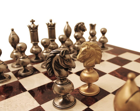 Italfama Luxury Large Brass Chess Set w/ Elm Board, Gold & Silver Pieces