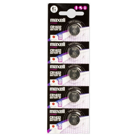 5x Maxell CR1632 3V Lithium Coin Batteries for Watches, Remotes, Key Fobs