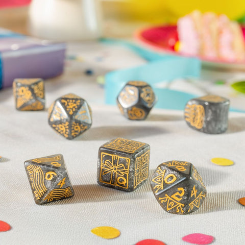 Q-WORKSHOP Happy Birthday Confetti 7-Die RPG Dice Set Gray Gold