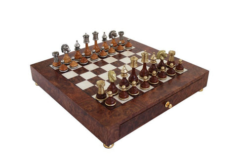 Italfama Brass & Wood Chess Set Elm Board with Storage Drawer Handmade