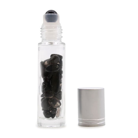 Black Tourmaline Gemstone Essential Oil Roller Bottle, Silver Cap, Travel Size