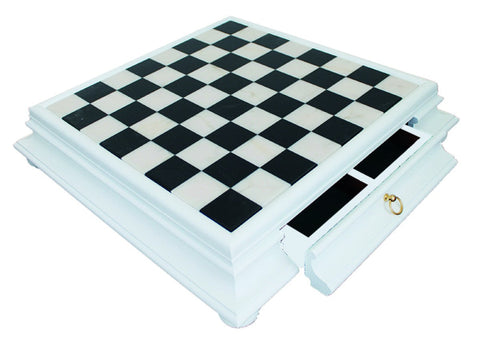 Italfama White Marble Chess Board 46cm with Storage Drawer, Made in Italy