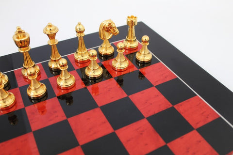 Italfama Handmade Metal Chess Set with Red Black Wood Board Gold Silver