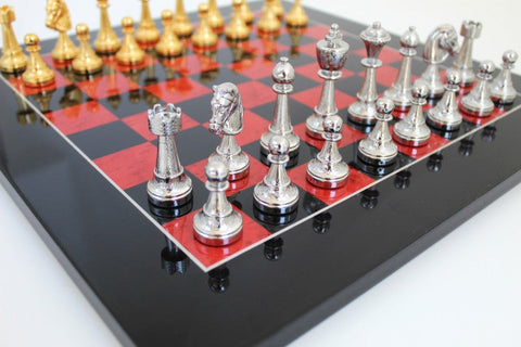 Italfama Handmade Metal Chess Set with Red Black Wood Board Gold Silver
