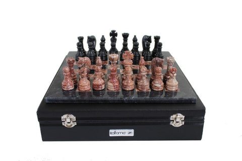 Italfama Handcrafted Pink & Black Marble Chess Set, 30cm, Leather Case, Italy