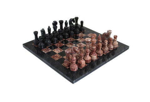 Italfama Handcrafted Pink & Black Marble Chess Set, 30cm, Leather Case, Italy