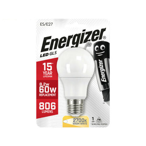 Energizer LED GLS Bulb E27 8.2W 60W Eq Warm White 2700K 806lm A+ Energy