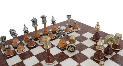 Italfama Brass & Wood Chess Set Elm Board with Storage Drawer Handmade