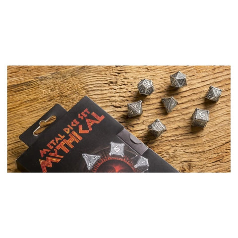 Q Workshop Metal Mythical Dice Set 7‑Piece Silver Black RPG Polyhedral