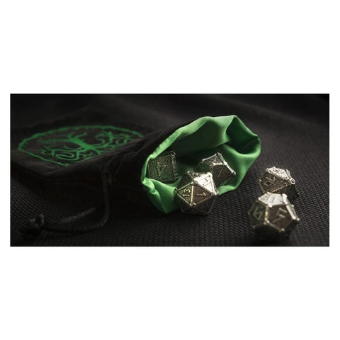 Q Workshop Metal Mythical Dice Set 7‑Piece Silver Black RPG Polyhedral