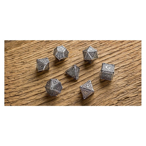 Q Workshop Metal Mythical Dice Set 7‑Piece Silver Black RPG Polyhedral