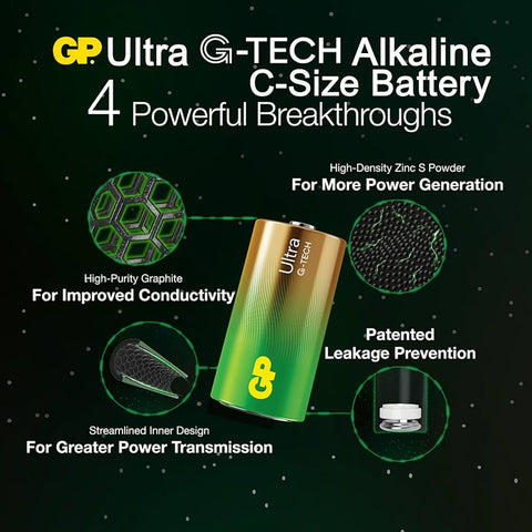 2x GP Ultra+ C LR14 Alkaline Batteries Long Lasting 1.5V GP G-Tech