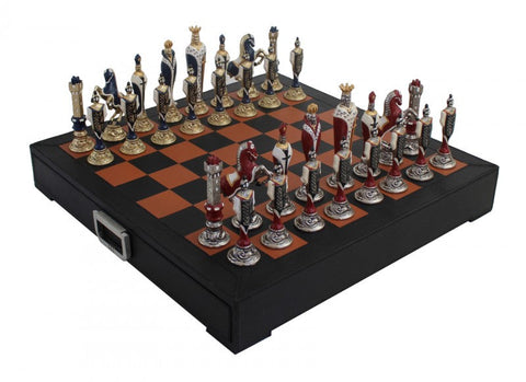 Italfama Renaissance Metal Chess Set with Leather Board & Storage Drawer