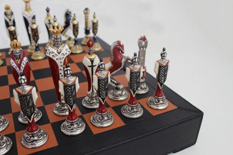 Italfama Renaissance Metal Chess Set with Leather Board & Storage Drawer
