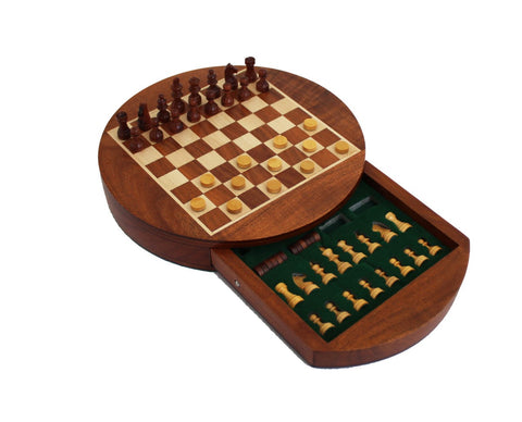 Italfama Magnetic Wooden Chess & Checkers Set, Round 25cm Travel Board