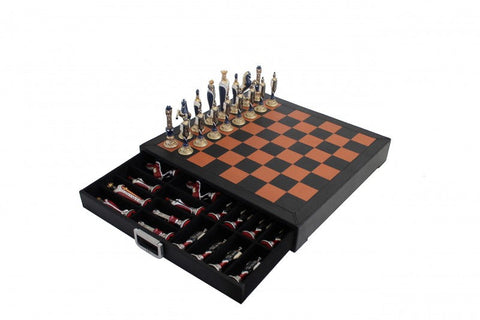 Italfama Renaissance Metal Chess Set with Leather Board & Storage Drawer